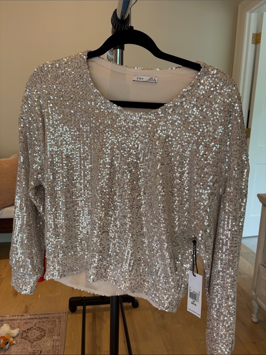 Dex Tops - Dex Silver Sequin Scoop-Neck Long Sleeve Top